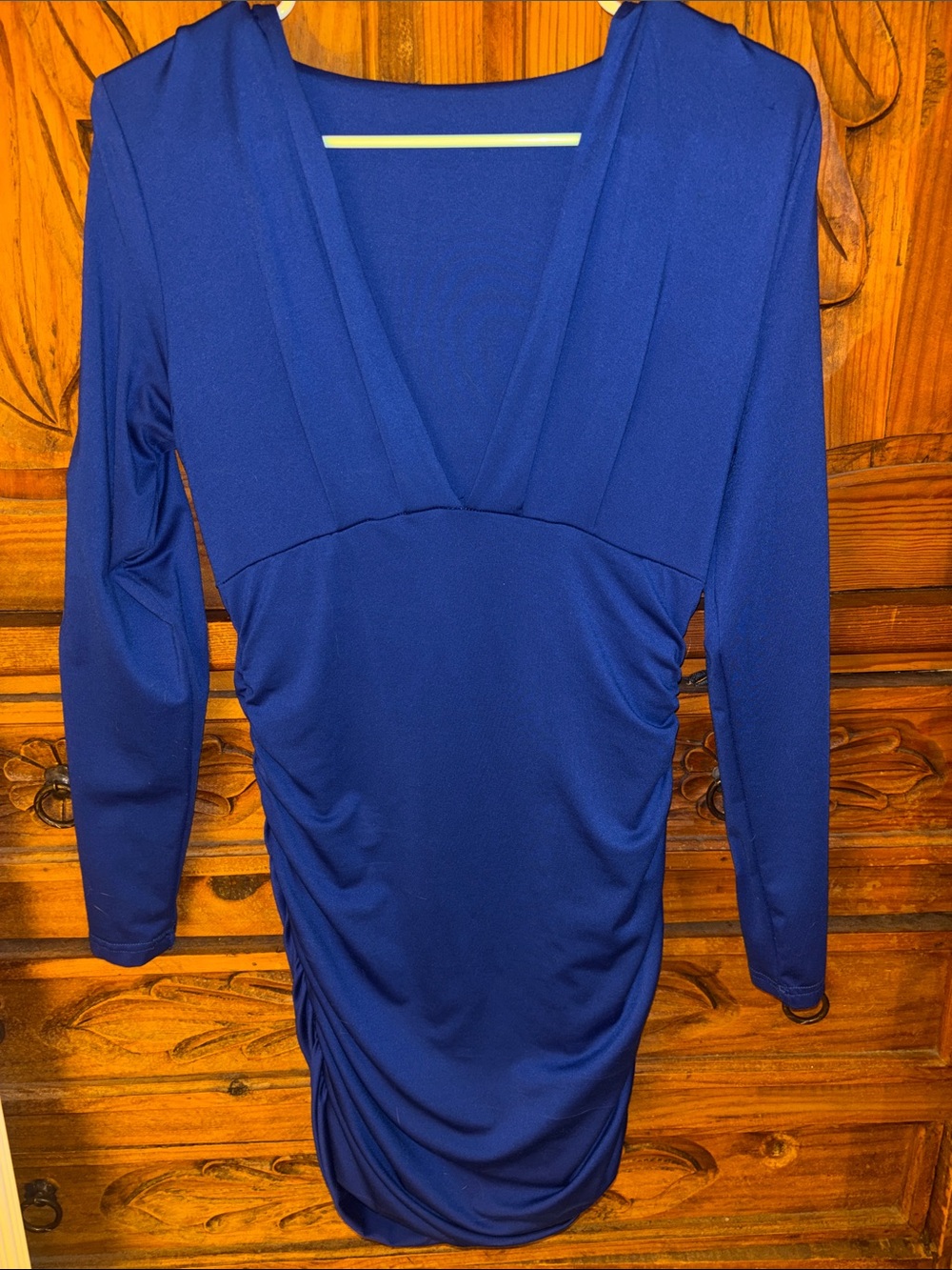 Deep Blue Long-Sleeve V-Neck Ruched Women's Dress